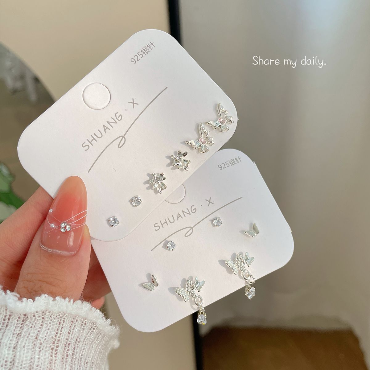 Summer diamond-encrusted plain silver bow stud silver needle three-pair set, small design, exquisite, simple and sweet earrings full figure