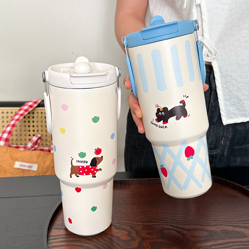 New cartoon ice cup, double-drinking, high-appearation-level cold water cup, large-capacity portable hand-held office coffee insulated cup Specification drawing