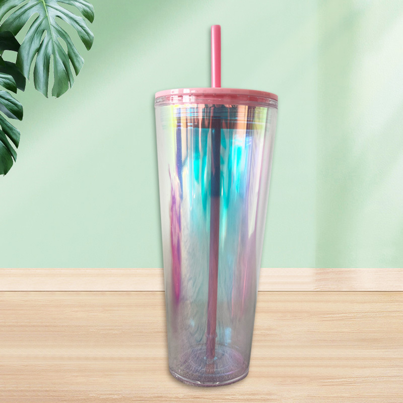 New type of foreign trade laser insert double-layer straw cup 710ml with lid PS plastic cup source manufacturer available for order details Picture
