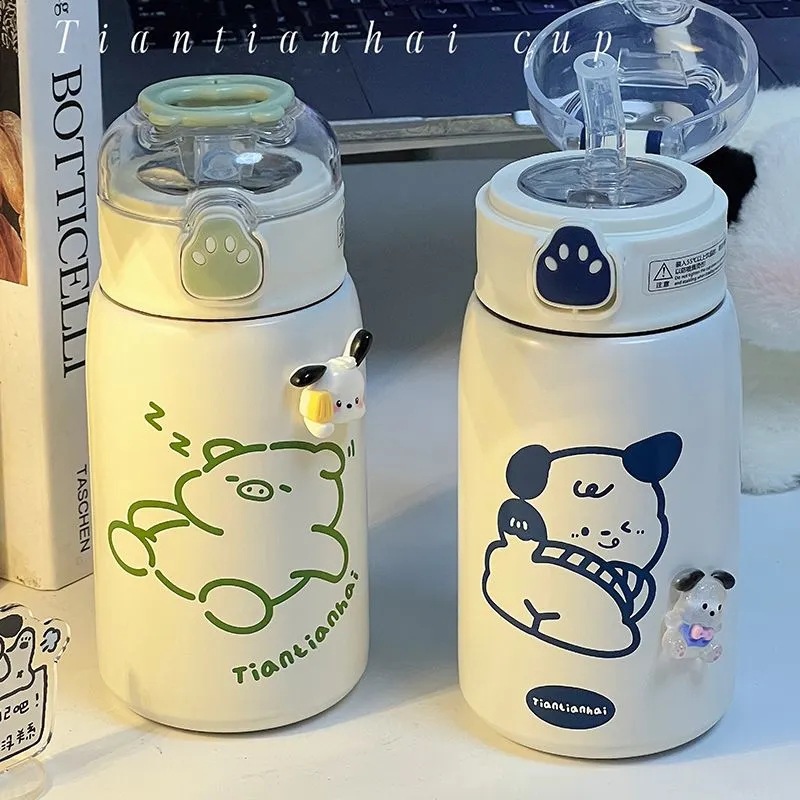 Original cute water cup, Ins-style student bear paw straw insulated cup, portable, small, 304 stainless steel cup full figure
