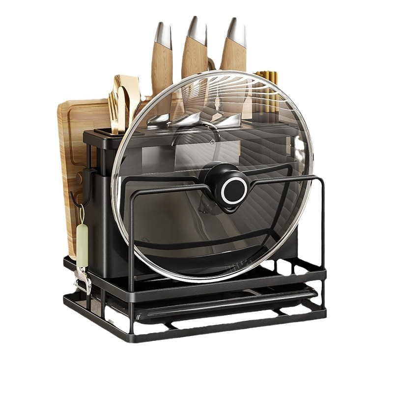 Multi-functional kitchen knife rack, countertop, cutting board rack, pot lid rack, wall-mounted chopstick holder, storage rack and draining rack without drilling Application Scenario