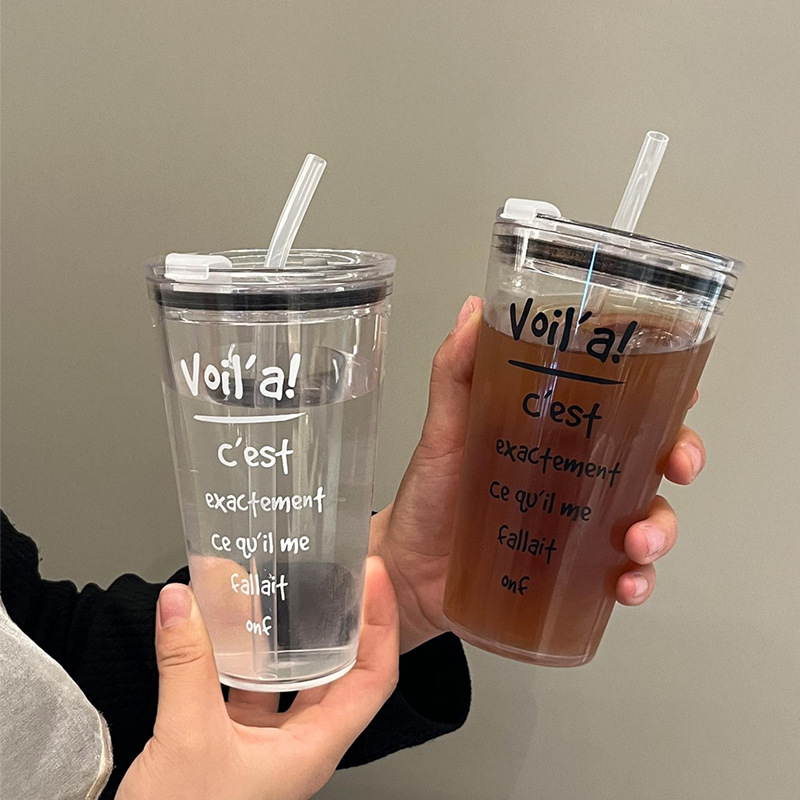 Korean version of ins minimalist letter water cup with lid, minimalist style, suitable for both men and women, school and office plastic cup details Picture