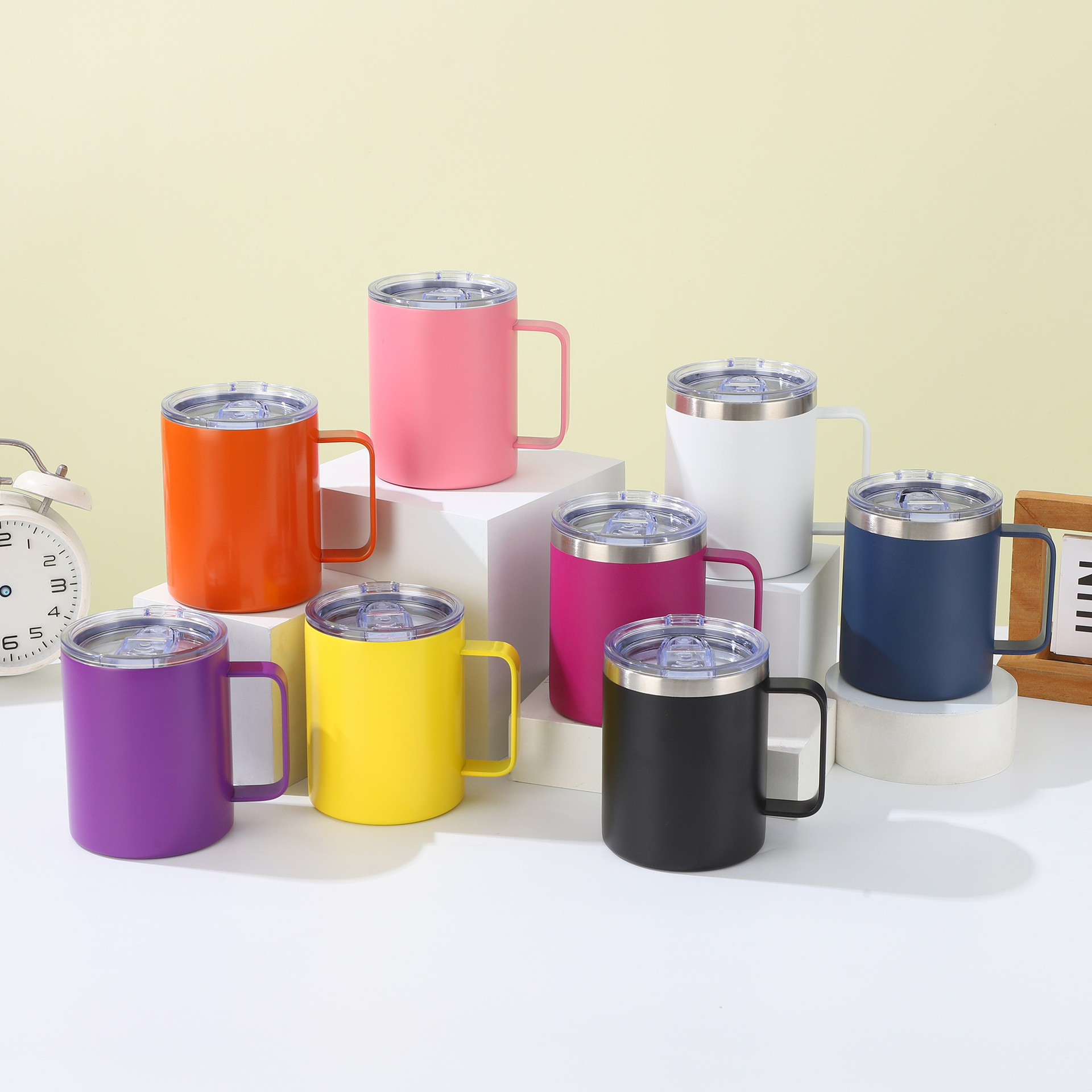 Cross-border portable mug, double-layer 304 stainless steel insulated 12OZ handle mug, stainless steel office cup full figure