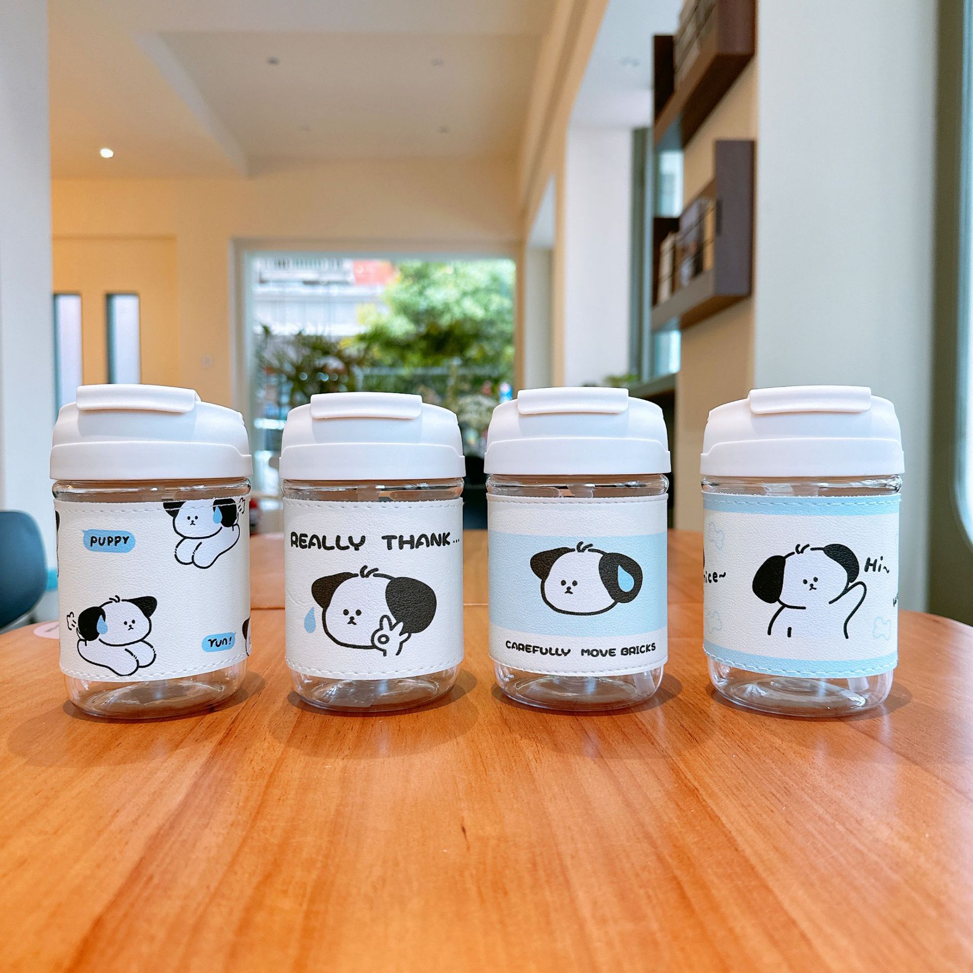 Cute puppy plastic cup, dual-drinking portable student anti-scald water cup, high appearance level cartoon creative coffee cup, bestseller details Picture