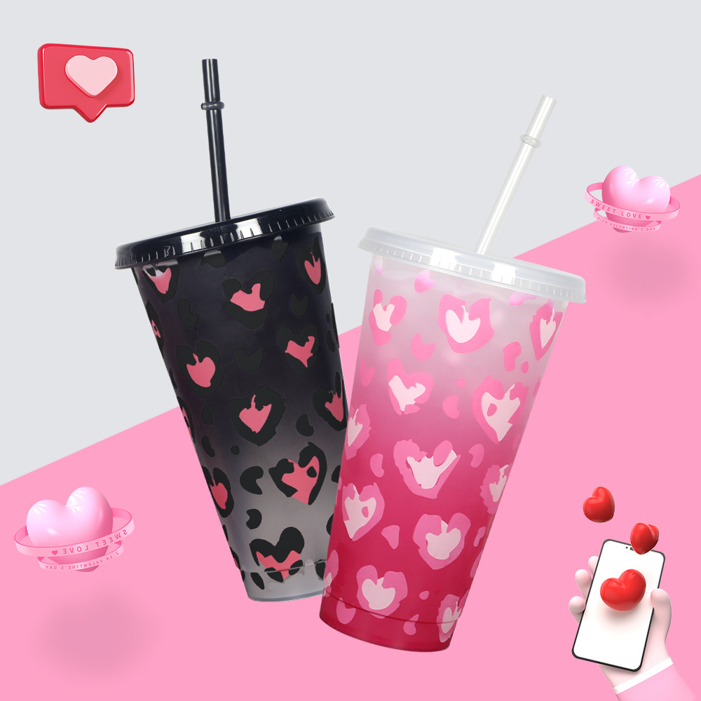 New pp single-layer color-changing cup, leopard print heart cup, reusable color-changing plastic cup for Valentine's Day 2024 full figure