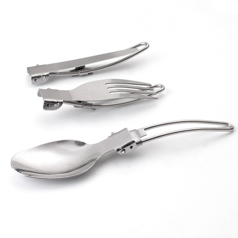 Stainless steel knife, fork, tableware, steel wire three-piece set, camping folding knife, fork, spoon, portable tableware in stock, outdoor tableware Item Picture