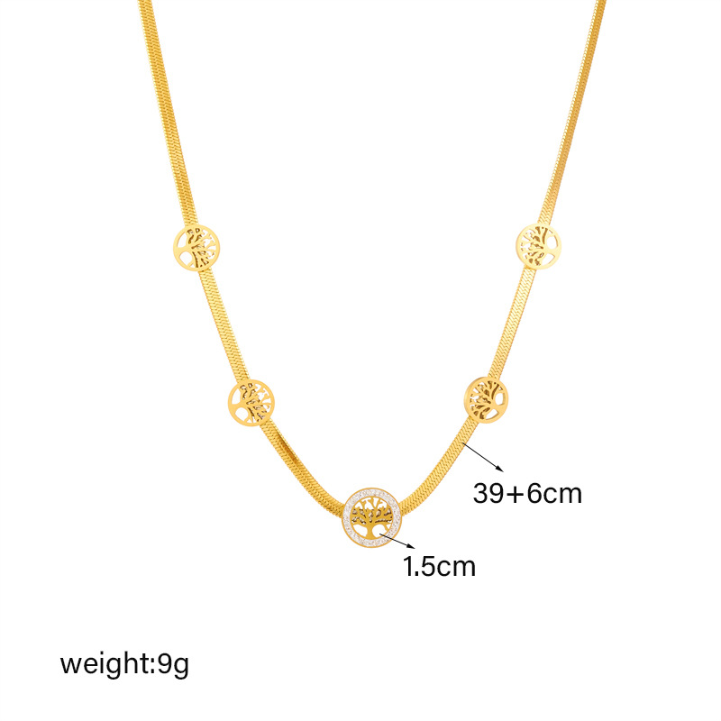 Cross-border fashion, gold-plated, retro, diamond-encrusted, hollowed-out round life tree accessory chain, stainless steel jewelry necklace Application Scenario
