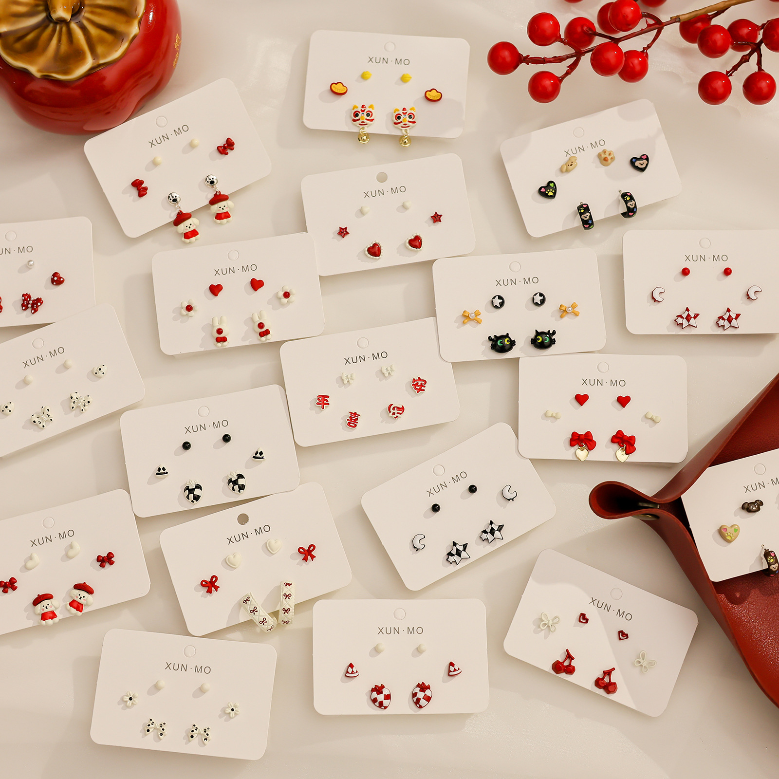 New festive silver needle stud earrings set for the Spring Festival in 2025, cute wine-red cherry earrings, and retro Chinese-style earrings details Picture