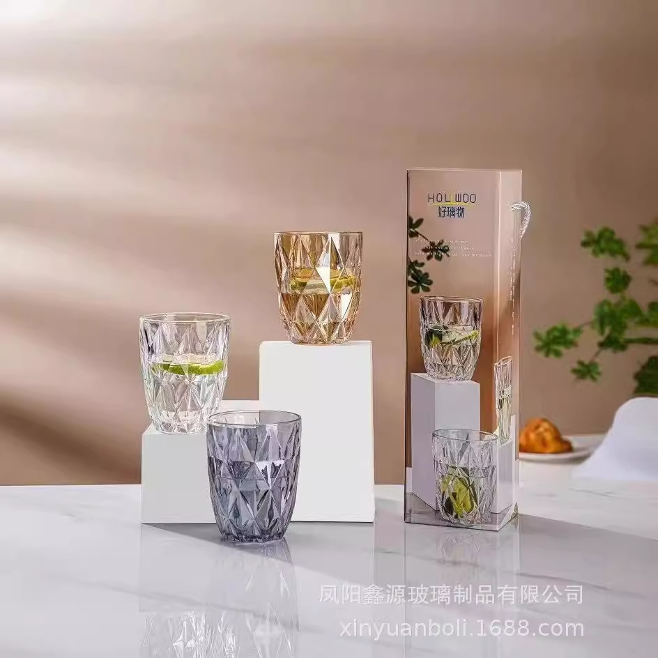 Light luxury glass cups with high appearance standards, creative diamond-shaped cups, summer dazzling household water cups, and small gifts for opening events Specification drawing