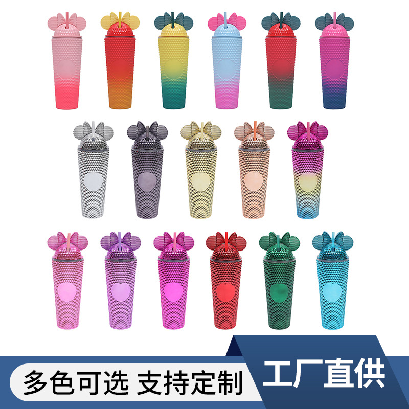 Cross-border factory direct supply double-layer plastic straw cup with bow water cup, portable and prickly creative durian cup full figure