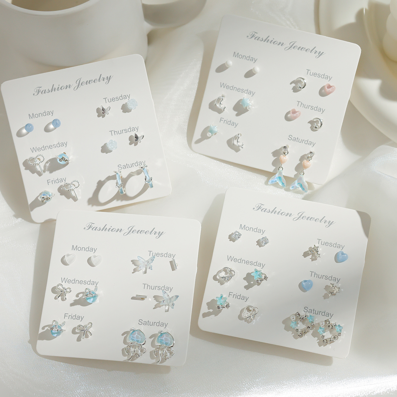 Blue butterfly star stud earrings set for women, light luxury, fashionable and high-end style earrings, versatile and refreshing earrings wholesale details Picture