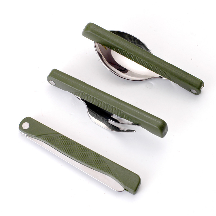 Three-piece stainless steel knife, fork and spoon set, European portable tableware, foldable plastic tableware, outdoor knife and fork set Specification drawing