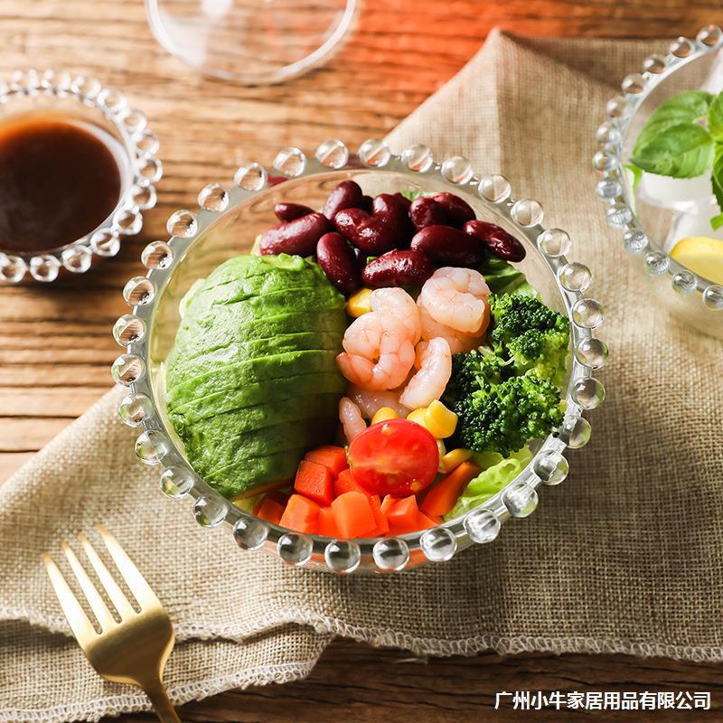 Beaded transparent glass bowl, salad bowl, household Japanese fruit bowl, creative tableware, popular Instagram bird's nest dessert bowl Specification drawing