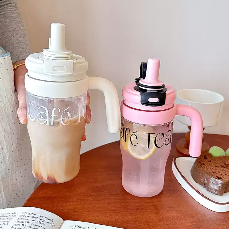 Simple summer water cup for women, double-drinking with handle, tabletop plastic cup, high appearance level, couple's home straw cup details Picture