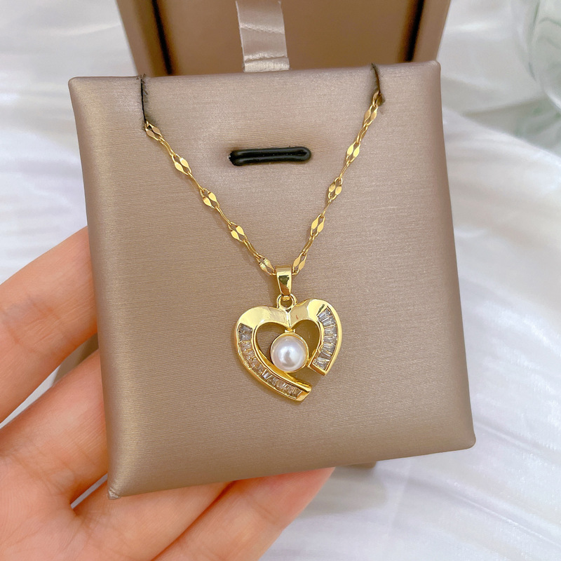 【 Titanium Steel 】 Necklace and Earring set, light Luxury Full diamond heart pearl, personalized and elegant banquet earrings and necklaces Specification drawing