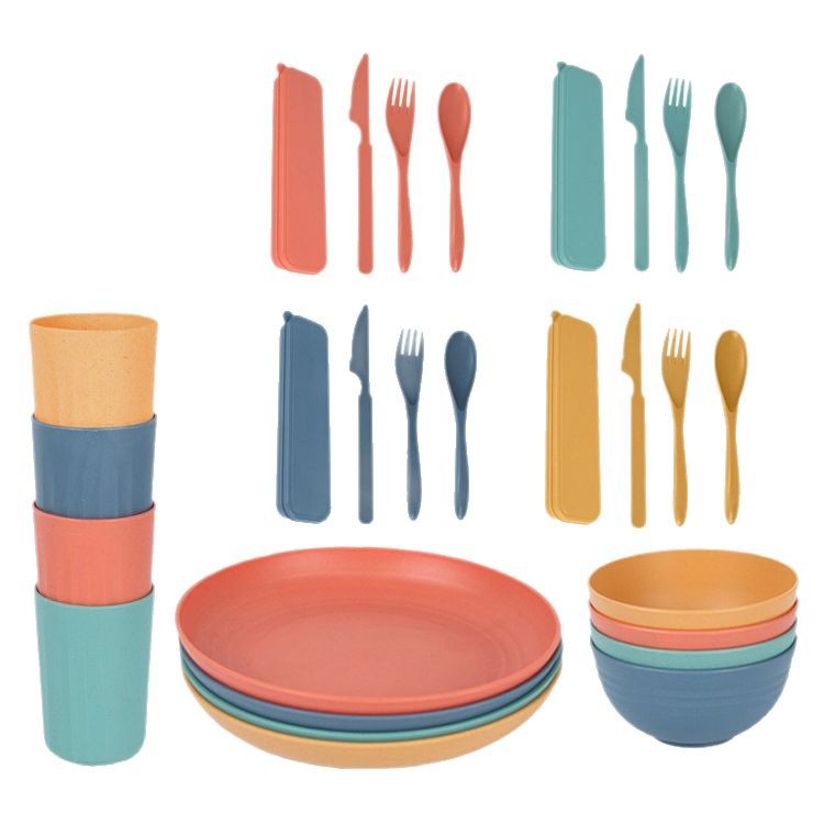 Creative wheat bellflower durable and heat-insulating bowl, plate and plate household tableware set, plastic portable knife, fork and spoon set Item Picture