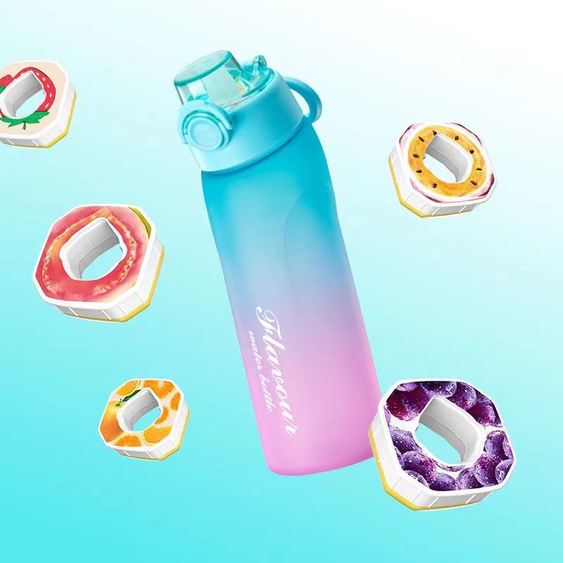 Cross-border bestseller, playful fruit-flavored water bottle, frosted gradient, 0-sugar, 0-calorie extract fragrance straw, two-color gradient plastic water cup Specification drawing