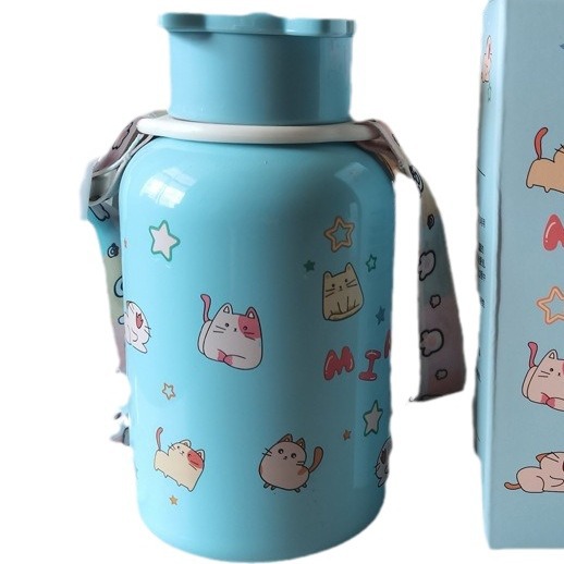 New creative cat-themed insulated cup with a crossbody strap, popular cartoon portable mini 304 stainless steel student water cup Item Picture