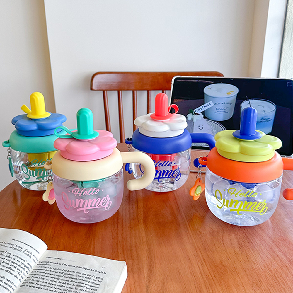 The new summer Flower Ice cup is a large-capacity, cute, big-bellied water cup with a portable handle and a plastic cup with a filter for making tea details Picture