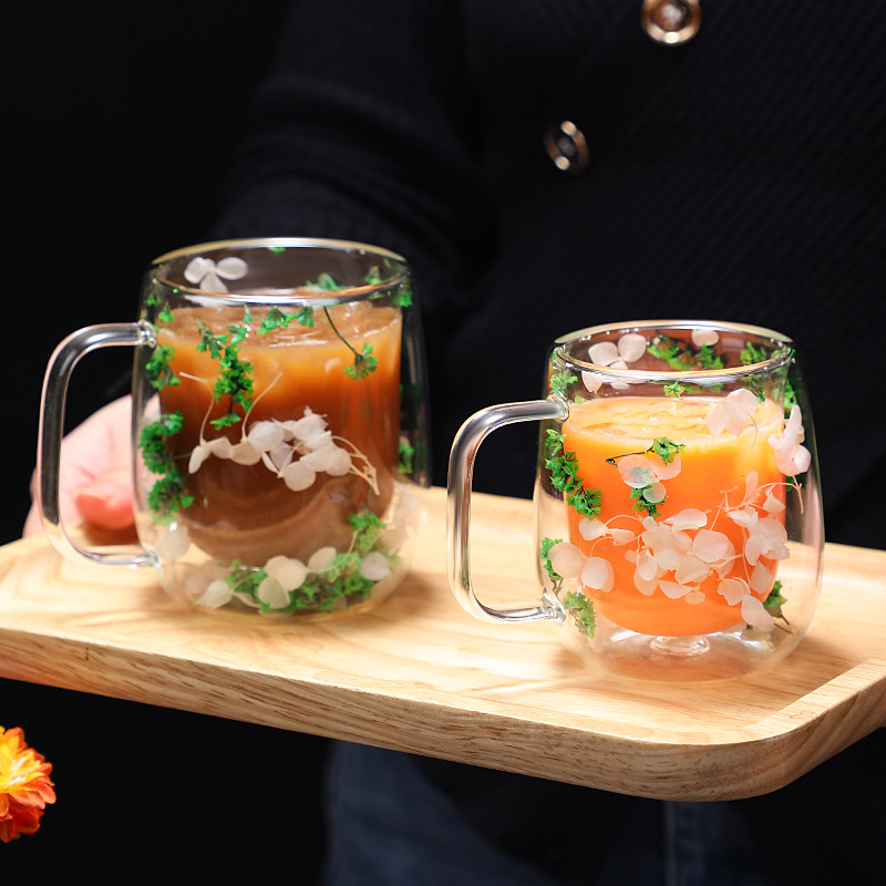 Creative new products: Double-layer high borosilicate glass cups with dried flowers, office, bar and home mark coffee cups Specification drawing