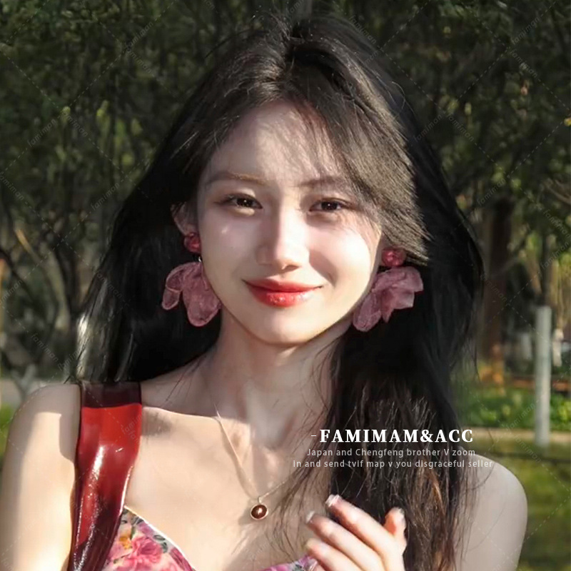 Super ethereal pink heart-shaped mesh earrings for girls' vacation, sweet wind and snow woven stud earrings, summer style and high-end earrings details Picture