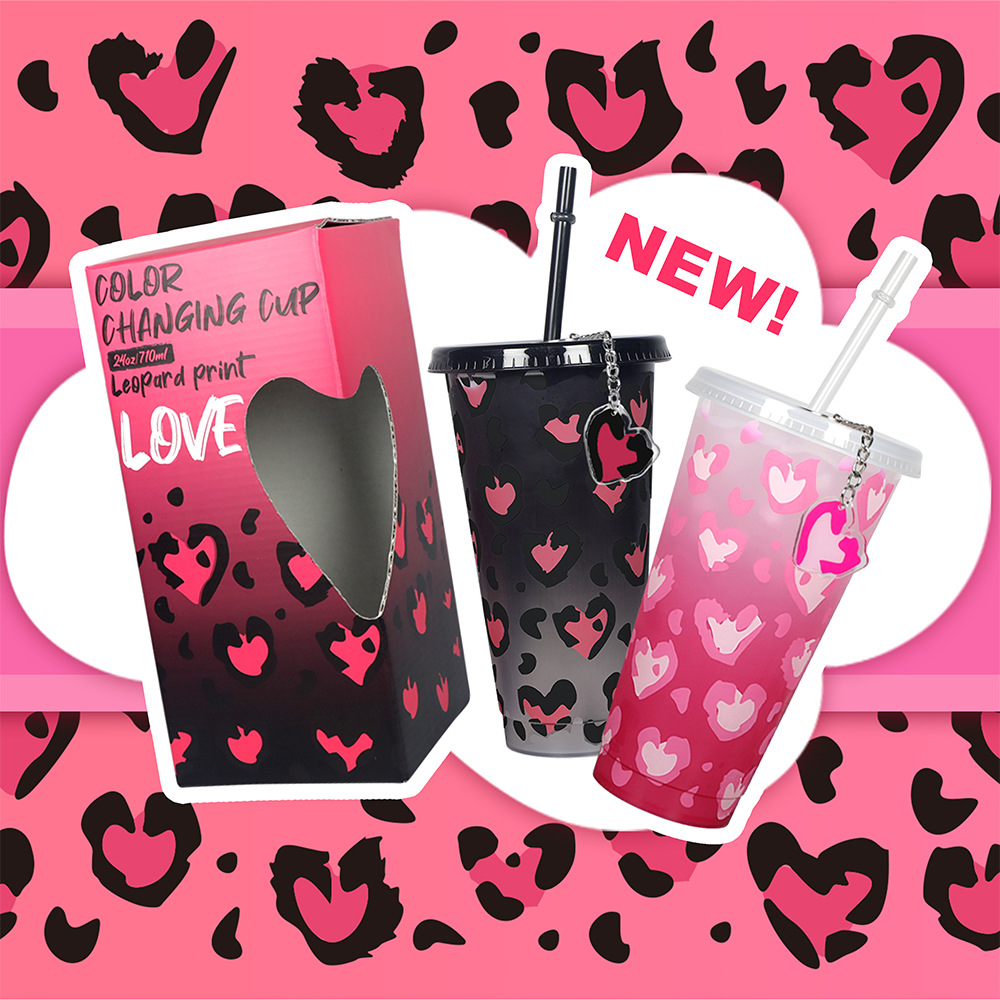 New pp single-layer color-changing cup, leopard print heart cup, reusable color-changing plastic cup for Valentine's Day 2024 details Picture