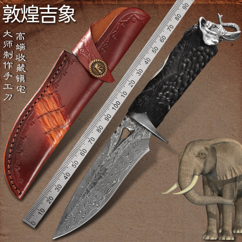 Hand-forged VG10 Damascus steel knife, portable outdoor straight knife, high-hardness camping knife, fruit pickling meat full figure