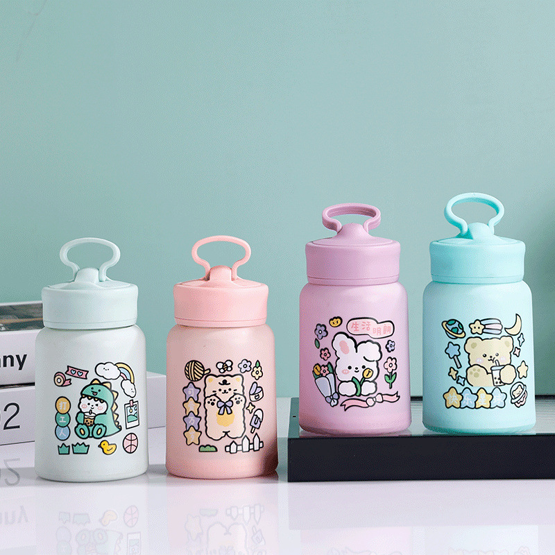 Large-capacity mobile phone stand with handle, student cute cartoon glass water cup, portable travel cup, glass cup Specification drawing