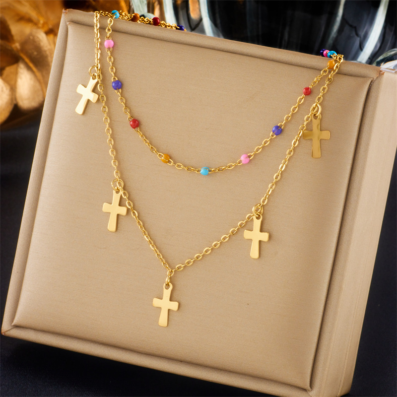 European and American fashion, creativity, individuality, versatility, ethnic style mixed color rice bead chain cross titanium steel pendant jewelry set Specification drawing