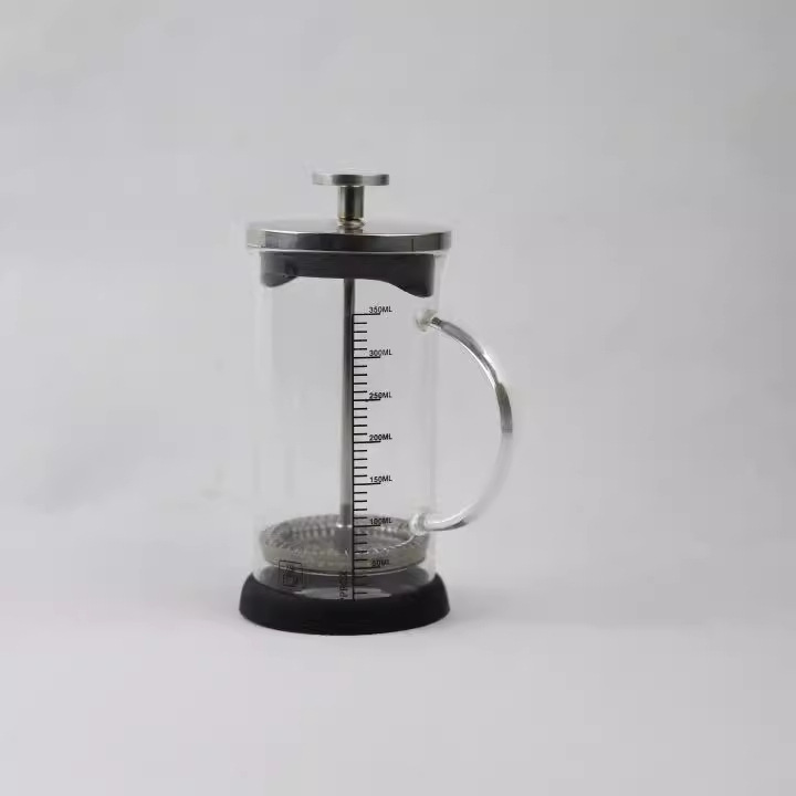 Glass handle French press, household French filter press, heat-resistant high borosilicate coffee pot, American utensils, glass measuring cup Specification drawing
