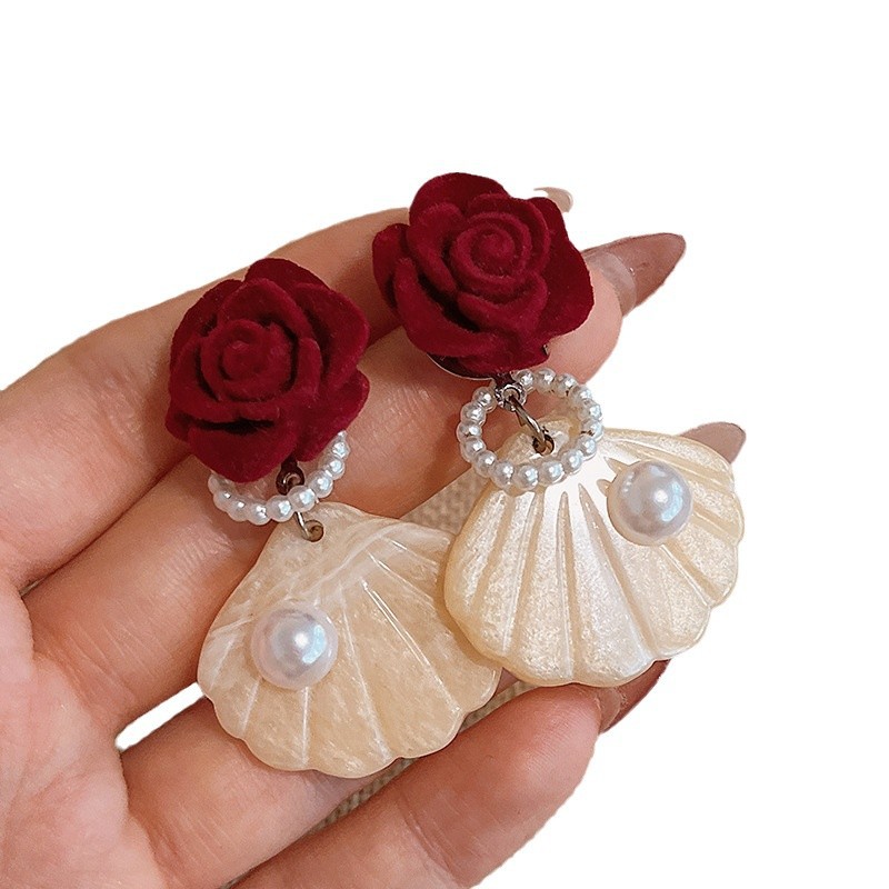 Autumn and winter red velvet camellia stud earrings, butterfly flower New Year earrings, women's sweet velvet elegant earrings wholesale Item Picture