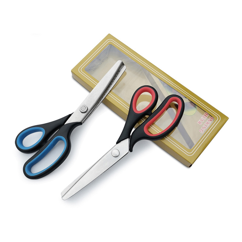 Two-color stainless steel toothed fabric scissors, fabric scissors, clothing scissors, serrated wavy arc scissors, sewing lace scissors Item Picture