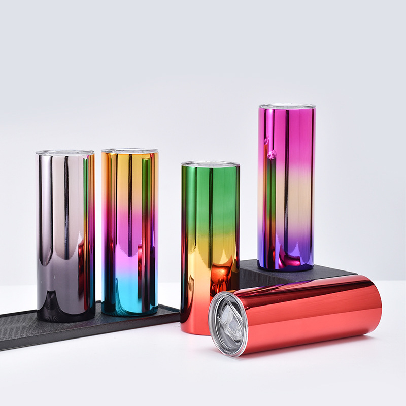 Wholesale of new 304 stainless steel insulated cups, electroplated double-layer vacuum car cups, laser gradient color straight cups details Picture