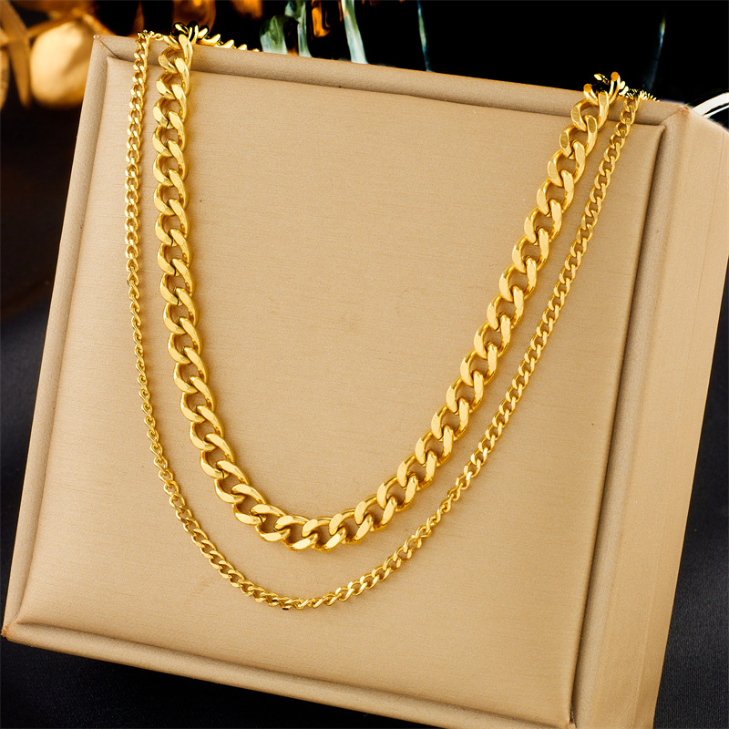 European and American fashionable, simple punk hip-hop double-layer stacked chain gold-plated stainless steel women's jewelry necklace full figure