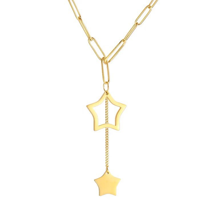 Korean-style simple and elegant hollowed-out five-pointed star tassel pendant titanium steel necklace, fashionable and versatile, personalized collarbone chain Item Picture