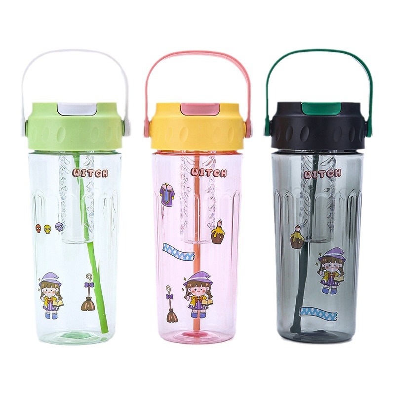 Cartoon diy portable hand-held plastic cup with filter, large-capacity hand-held straw cup, fitness portable sports water cup Item Picture