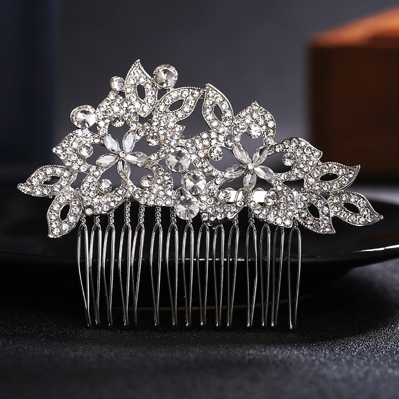 New AliExpress alloy rhinestone hair comb with a high-end European and American style, elegant and grand bridal accessory, floral leaf bun hair comb details Picture