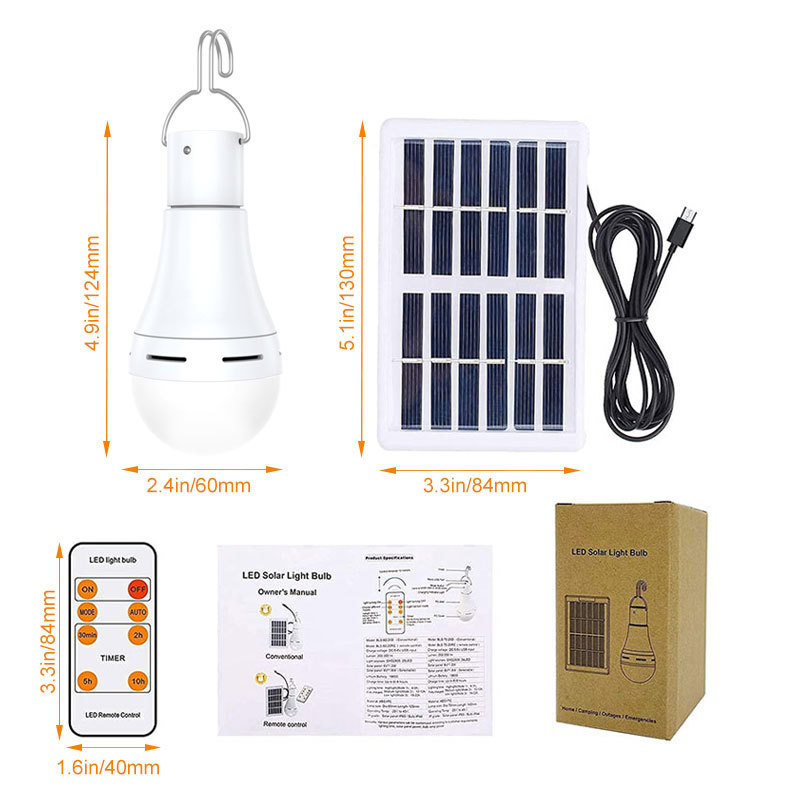 Solar bulb, USB rechargeable bulb with remote control, four-speed dimming, household power outage emergency light, night market stall Item Picture