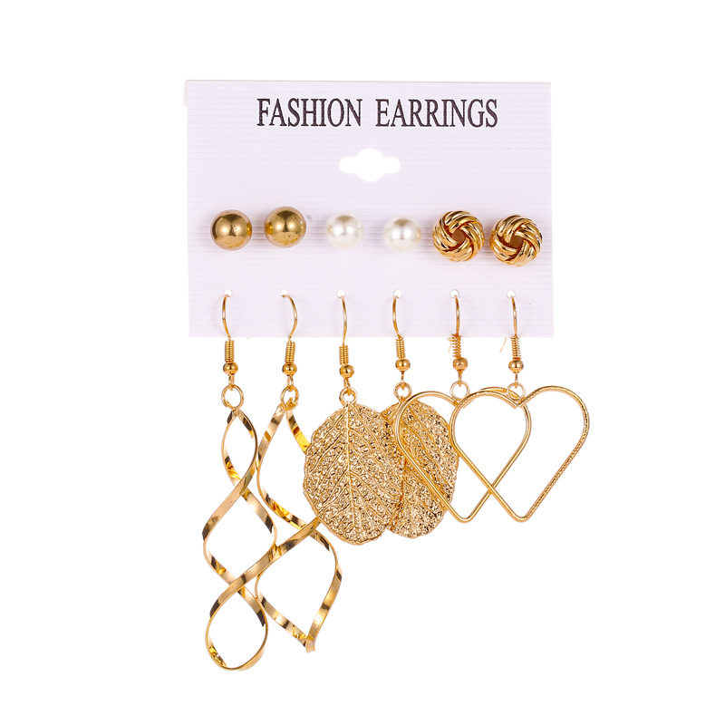 A popular European and American earpiece fashion leaf cross heart set of earrings, 6 pairs of earrings, with windmill pearl stud clips full figure