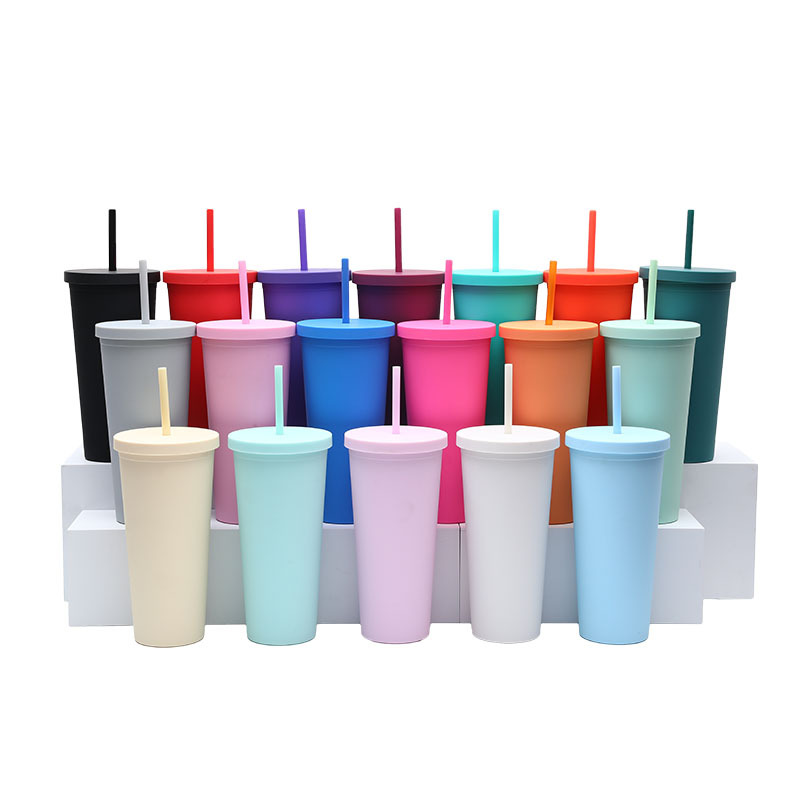 A new modern flat-lid plastic water cup from cross-border Amazon, a popular cartoon portable 24oz double-layer straw cup details Picture