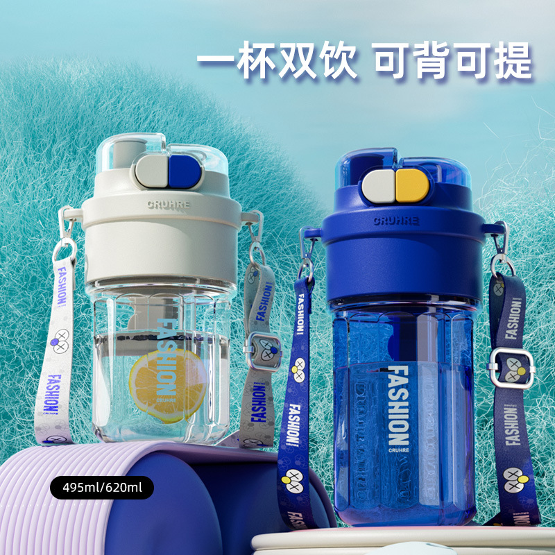 High appearance level, big eyes plastic cup, large capacity, convenient water cup for men and women's sports, creative dual-drinking portable water cup full figure