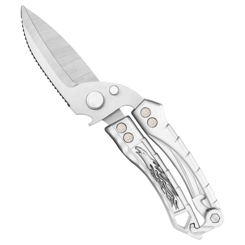 Stainless steel multi-functional camping scissors, outdoor knives, powerful bone cutting, fish scale scraping, automatic rebound, detachable scissors Item Picture