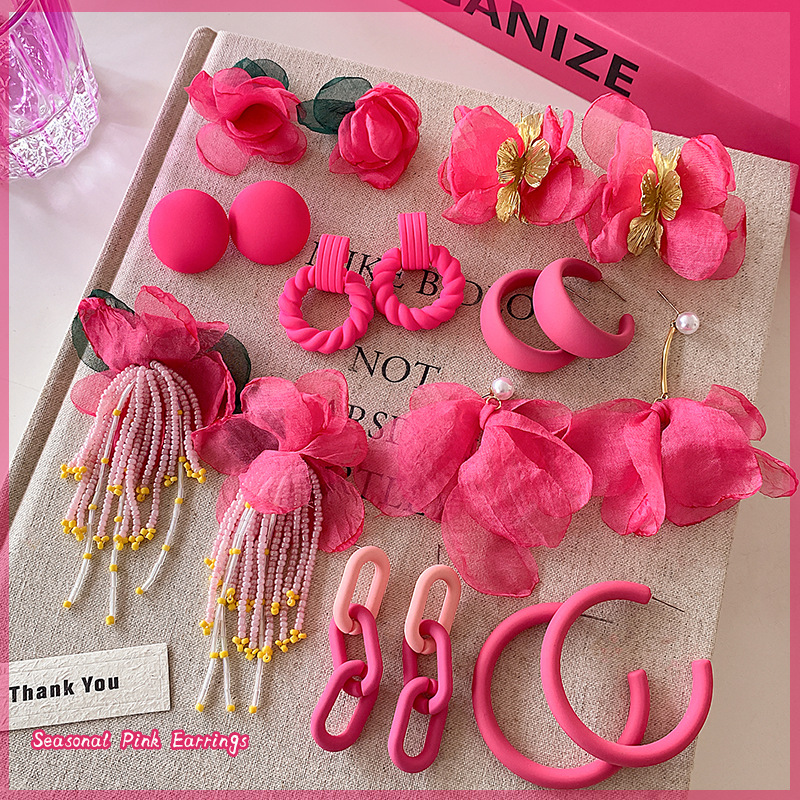 Summer dopamine rose pink flower earrings for women, 2024 new style stud earrings, niche, light luxury, high-end and elegant earrings full figure