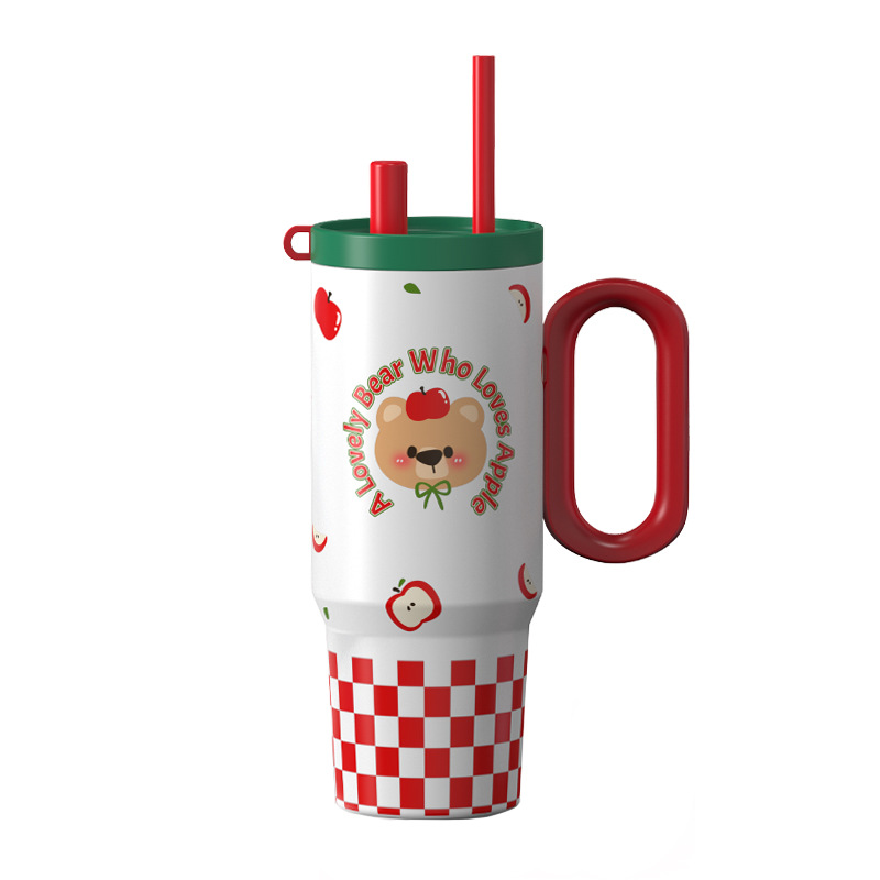 Double-layer cartoon couple straw cup, stainless steel insulated cup 316 with handle, large-capacity ice cup for keeping cold and heat Item Picture
