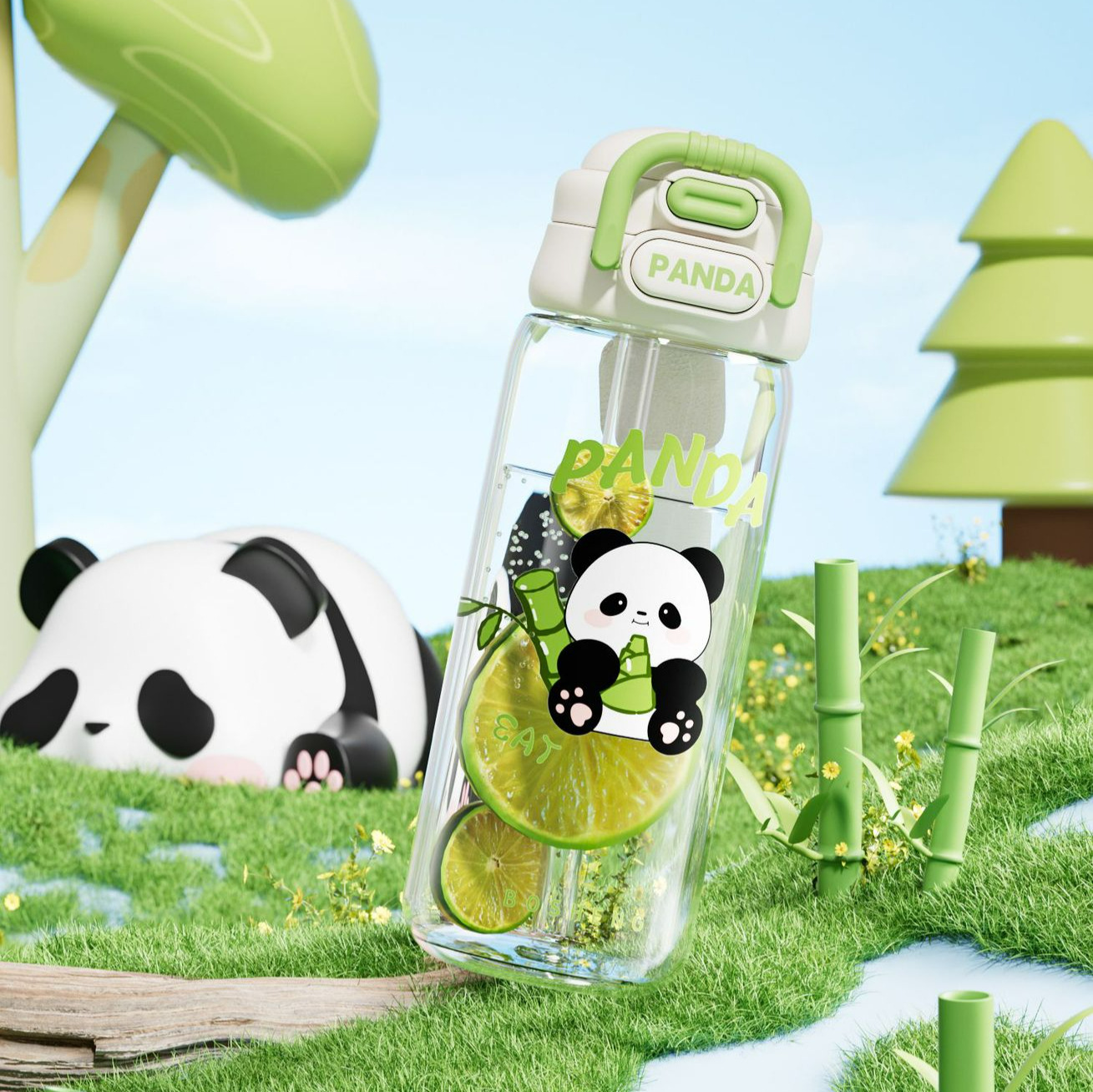 Xingxian large and small plastic cups, Panda style double-drinking cups, come with a cartoon portable lock on the cup body, children's drinking cups details Picture