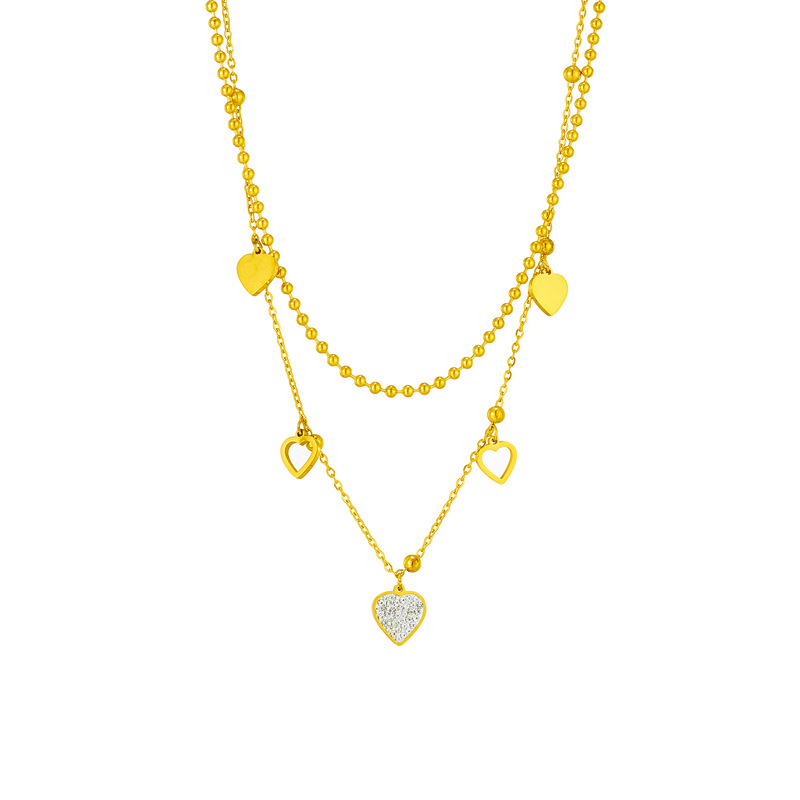 Fashionable heart double-layer titanium steel personalized diamond-encrusted heart-shaped round bead collarbone chain, a niche design accessory necklace Item Picture