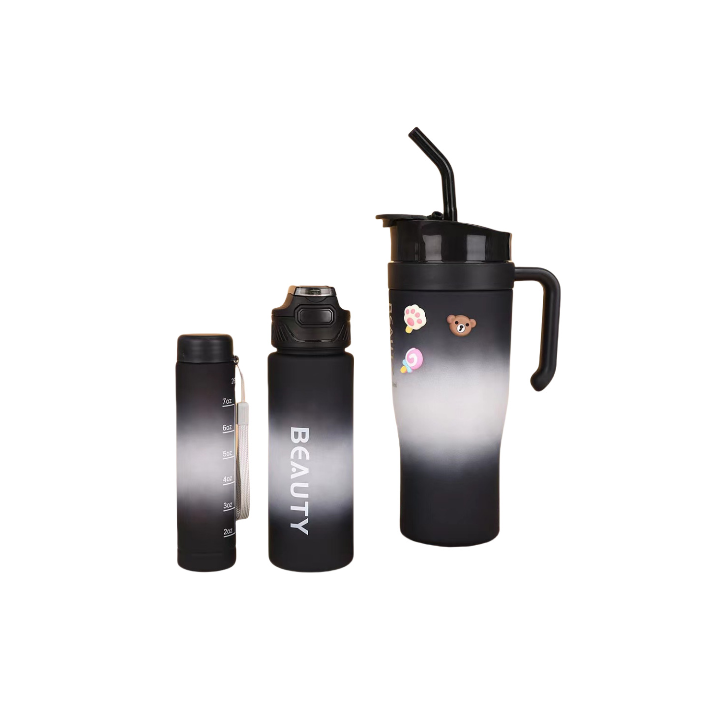 Cross-border gradient ice cube cup three-piece set, high appearance level, 40oz plastic cup, large capacity, portable, hand-held straw water cup Item Picture