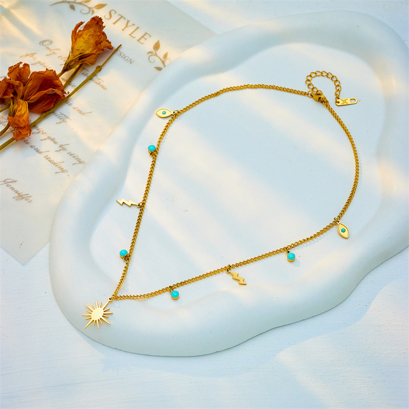 A new European and American fashion cross-border smooth lightning octagonal star turquoise pendant chain titanium steel style versatile necklace Specification drawing