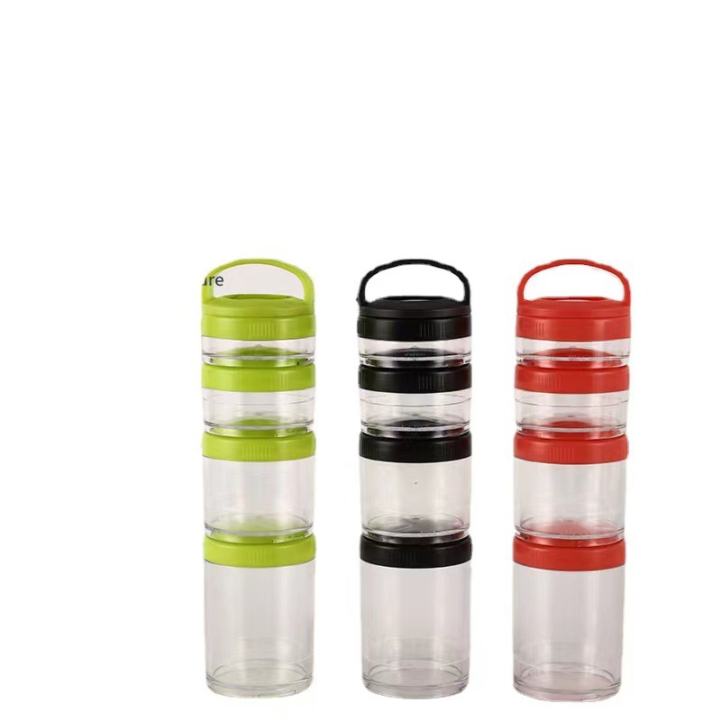 4-layer plastic protein powder box, outdoor portable multi-layer snack combination cup, layered handle shaker cup, printable Item Picture