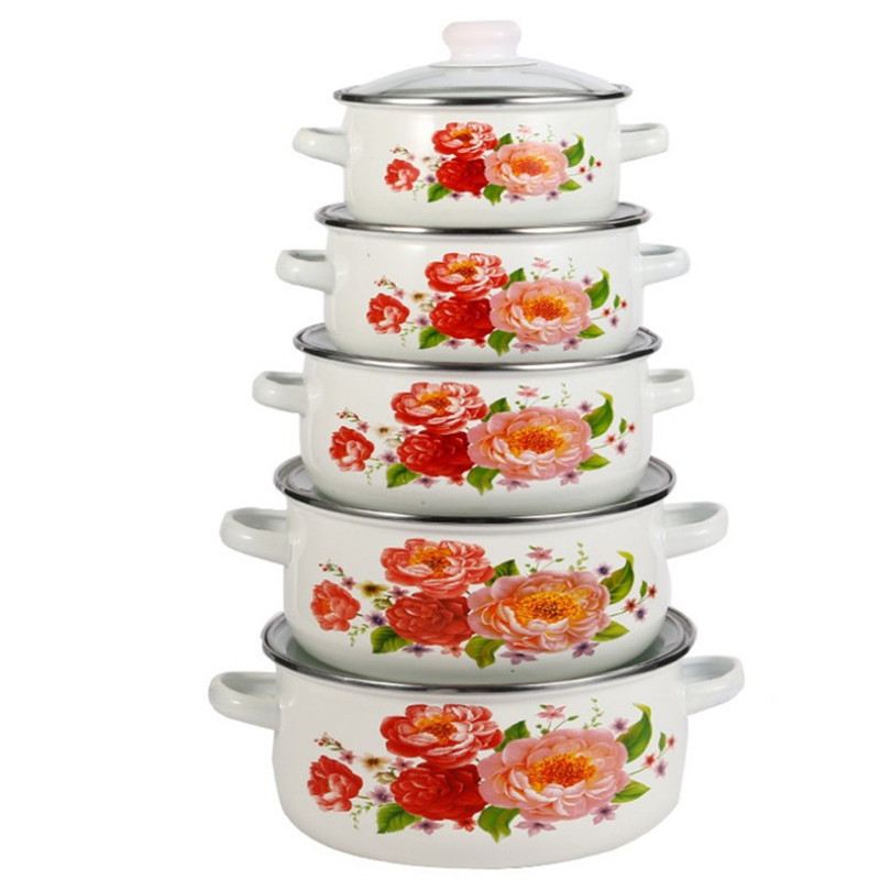 enamel iron pot Enamel pot Double-ear soup pot Enamel thickened large soup pot Stew pot Boiling pot Five-piece set Specification drawing